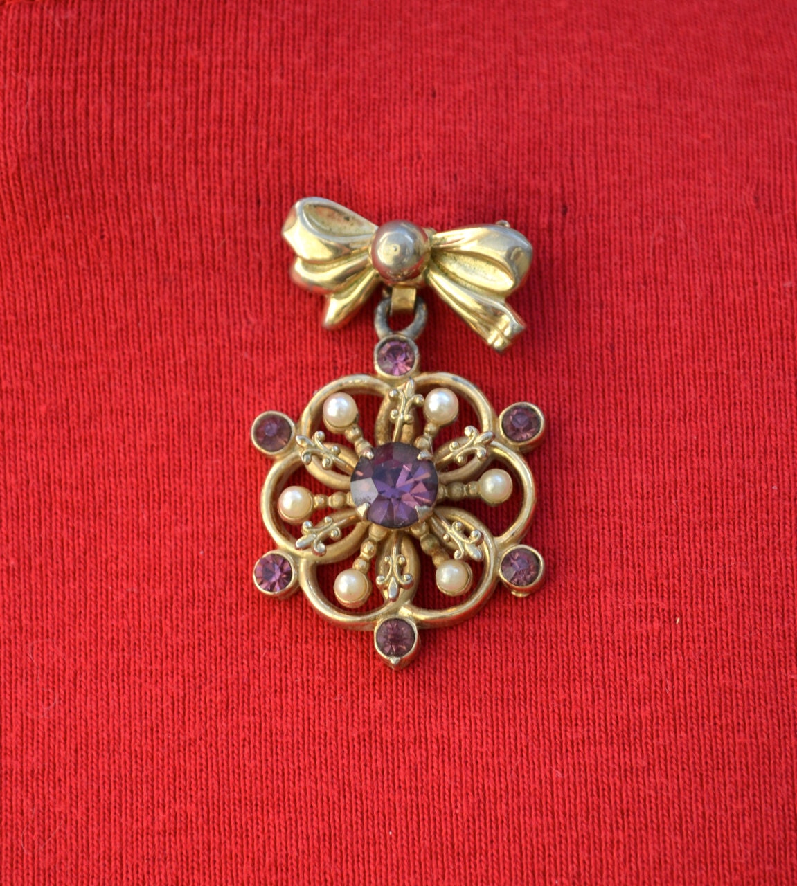 Purple Rhinestone and Pearl Fleur de Lis Pin