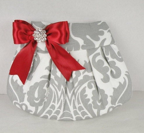 Pleated Clutch  Wedding  Bridesmaid  AMSTERDAM  Gray (Storm) and White with Scarlet Red Satin Bow and Crystal