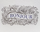 Letterpress Card Bonjour Greeting Card in Purple & Black