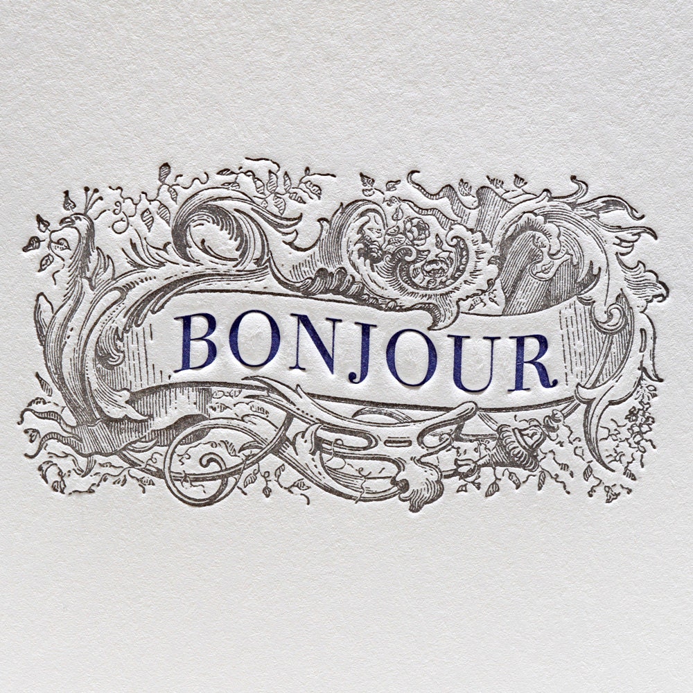 Letterpress Card Bonjour Greeting Card in Purple & Black