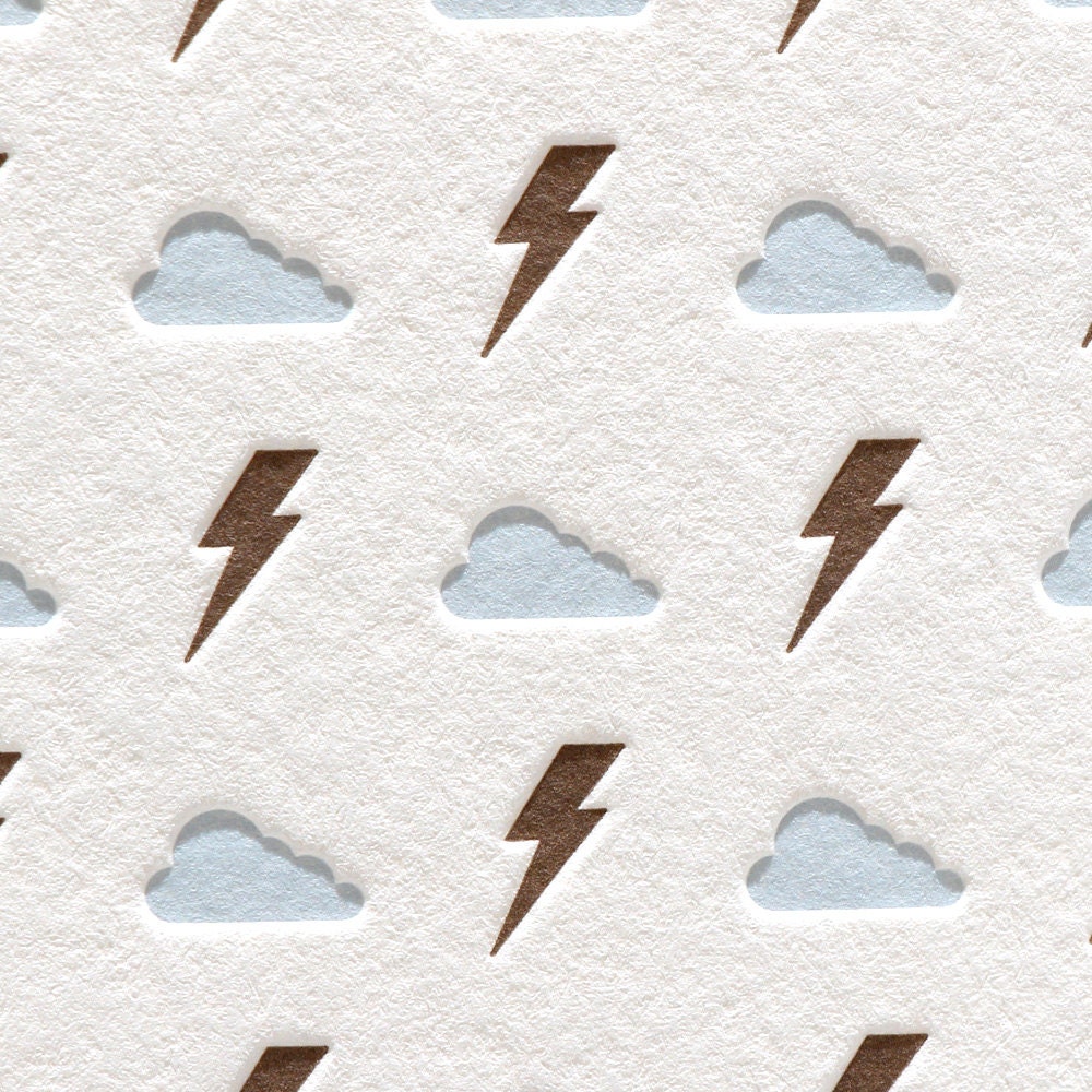 Letterpress Card Note Bolts and Clouds in Blue/Brown