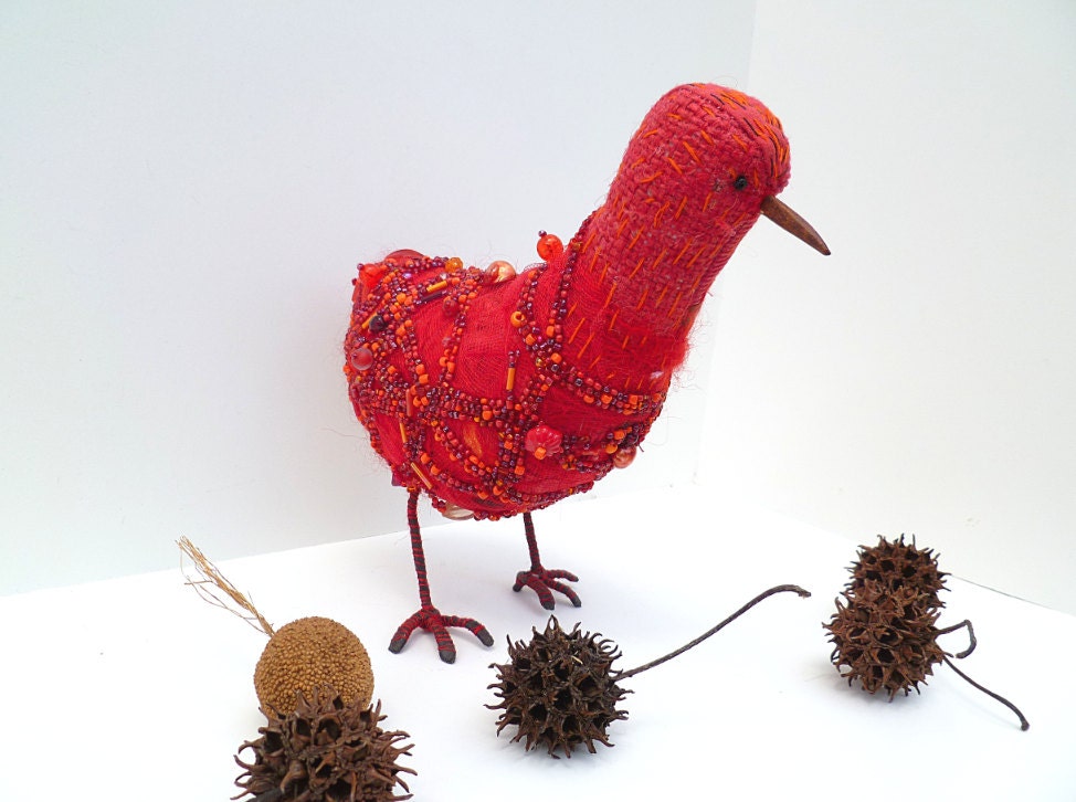 Red bird I, fiber art soft sculpture