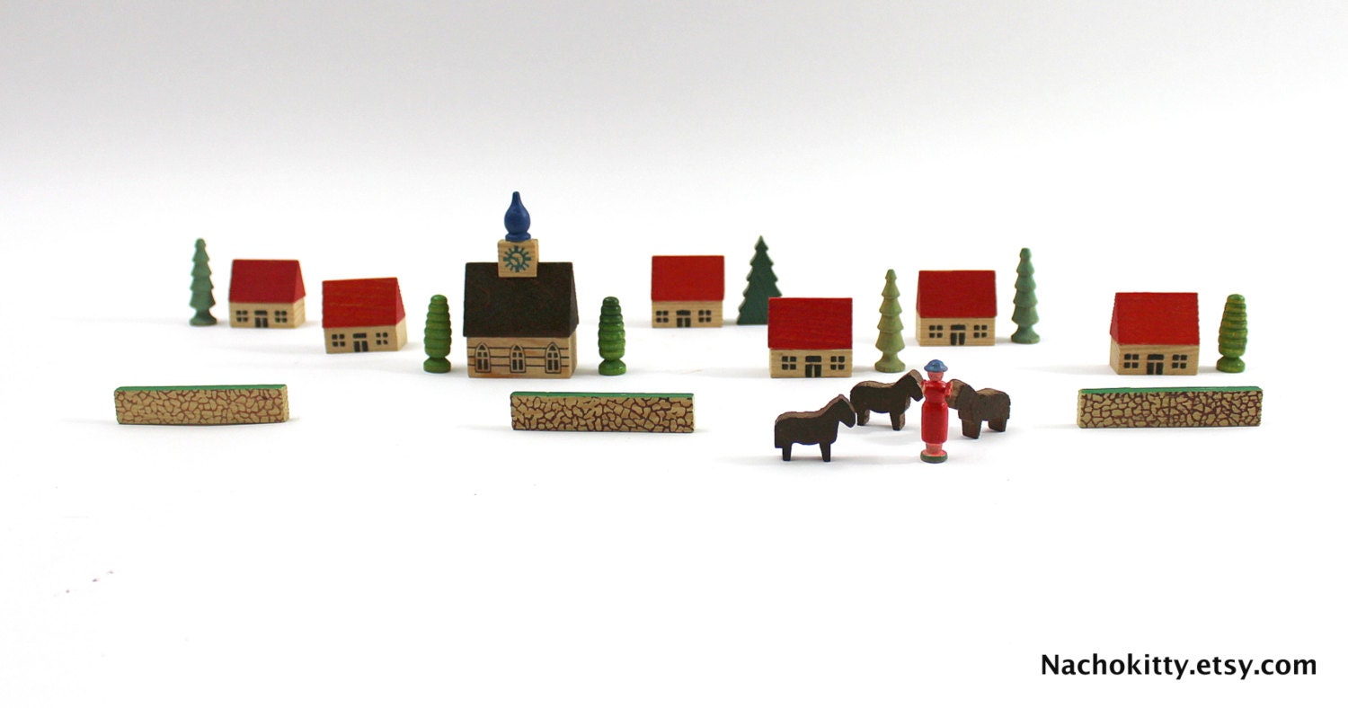 German Miniature Village, Vintage Wooden Childs Toy Set