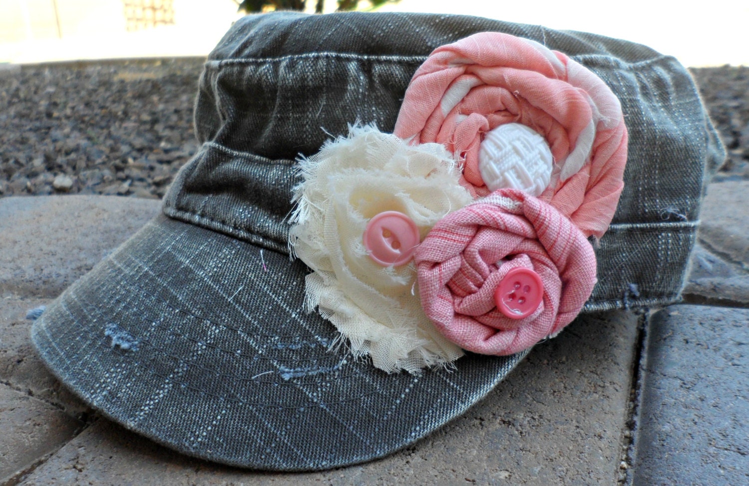 Just Peachy Olive Grey Khaki Military Distressed Cadet Hat with Cream and Coral Peach Flowers