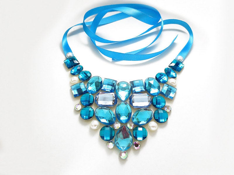 Turquoise Necklace, Aqua, Baby Blue, Crystal AB and Pearl Rhinestone Bib Statement Necklace, Bridesmaid Necklace, Mermaid