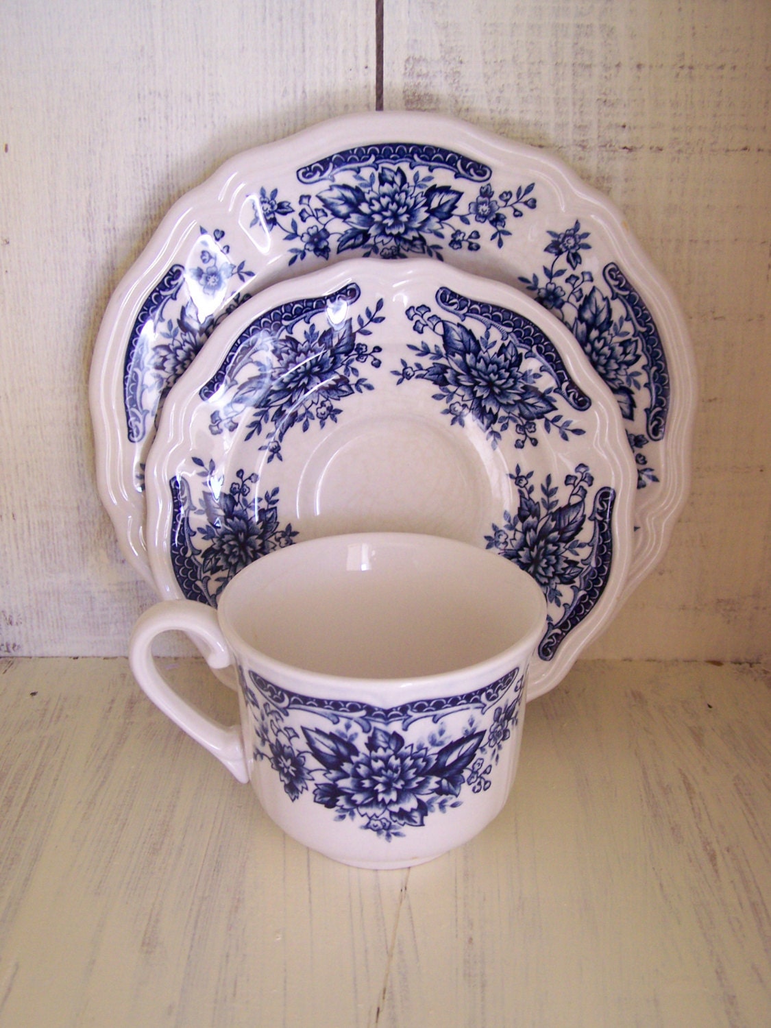 Gorgeous Blue Carnation Ironstone  Tea Cup, Saucer and Salad Plate by Japan China