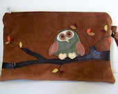 Owl applique clutch bag recycled tan suede leather ooak