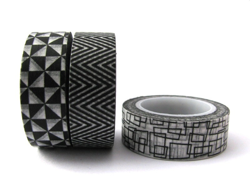 Washi Tape Set of 3 Designs - 30 metres total - Black and White Trio