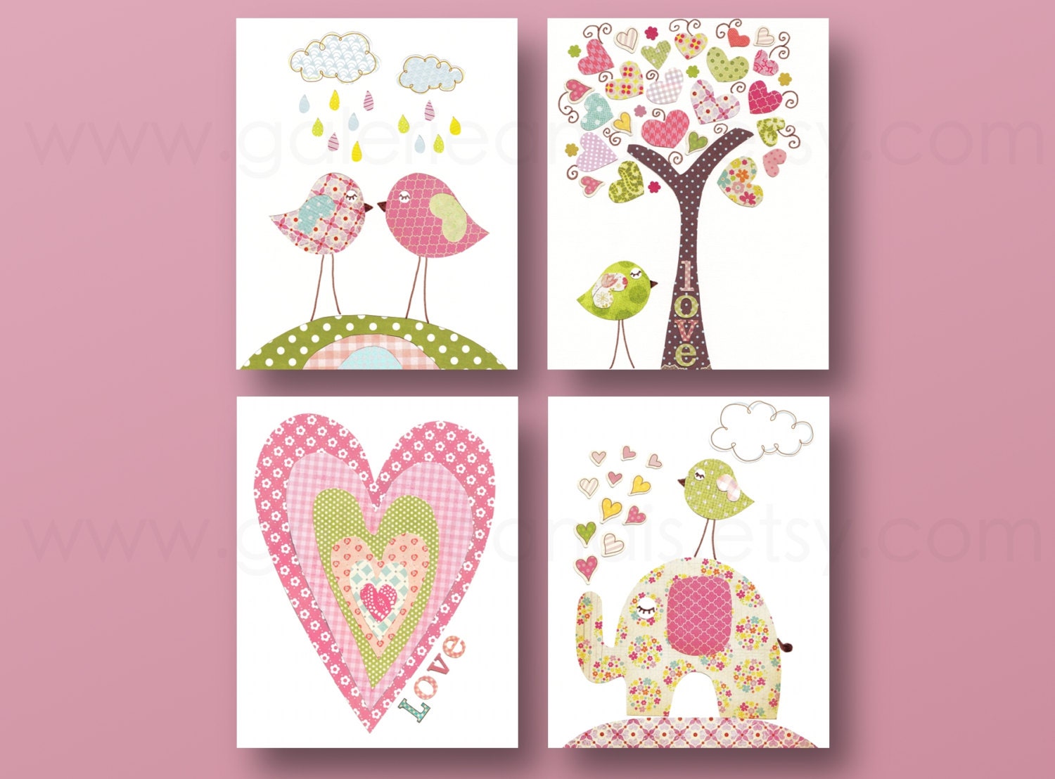 Girl Nursery Art Print, nursery art, baby nursery, kids art, nursery art, tree, elephant, Birds, heart, tree, love, Set of 4, 8x10 prints