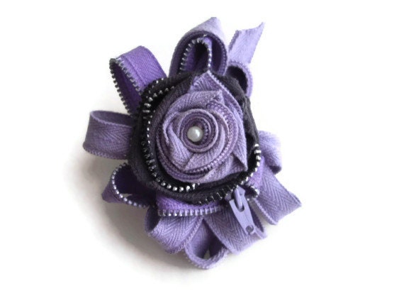Lavender and eggplant wearable art statement brooch corsage millinery sash embelishment handmade with vintage zippers and faux pearls