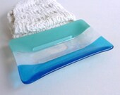 Large Glass Soap Dish in Bright Turquoise and White