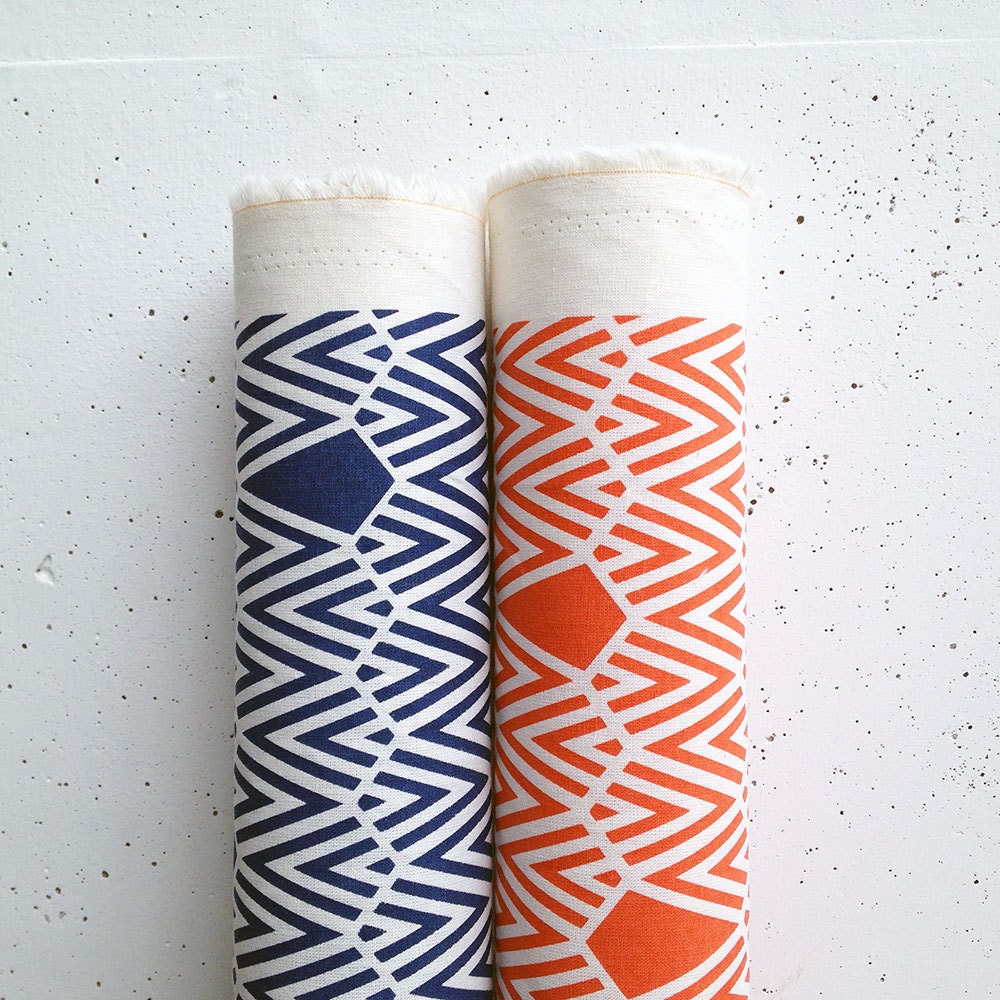 Hand Printed Fabric Metre of Deco in Night Blue Hemp Organic Cotton