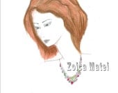 Red hair fashion illustration, face drawing print, girl with multicolor necklace, original drawing, pencil art, 8.5x11, custom illustration