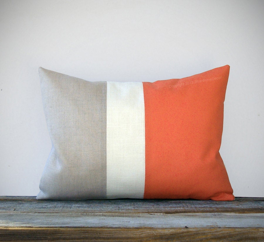 Nectarine Color Block Decorative Pillow in Natural Linen with Cream Stripe by JillianReneDecor Spring Home Decor Orange Color-block - JillianReneDecor