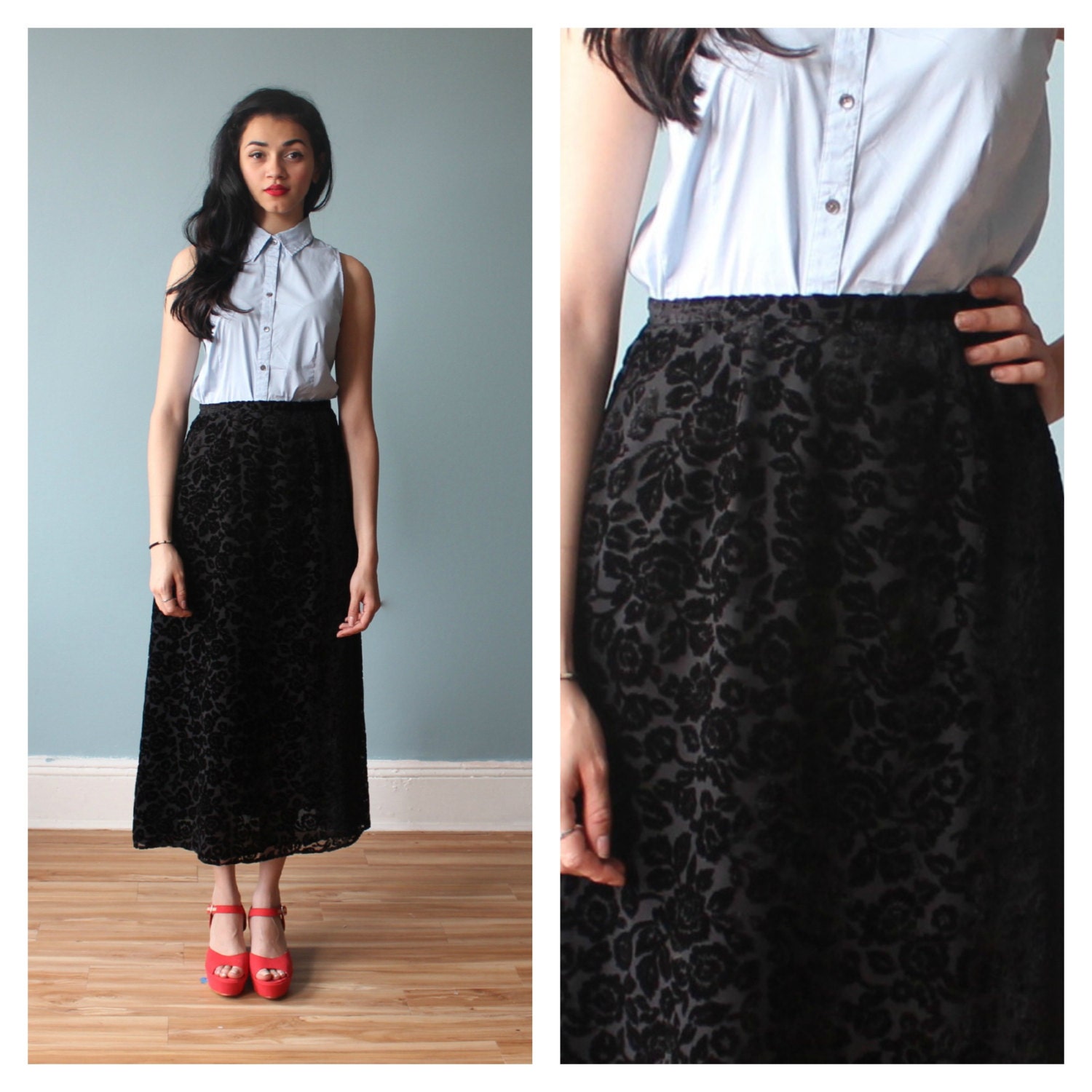 burn out velvet maxi skirt / black skirt floral / 1990s / small / medium