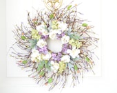 Summer Wreath - Cream Ranunculus, purple hydrangea  - Front Door or Wall Decor