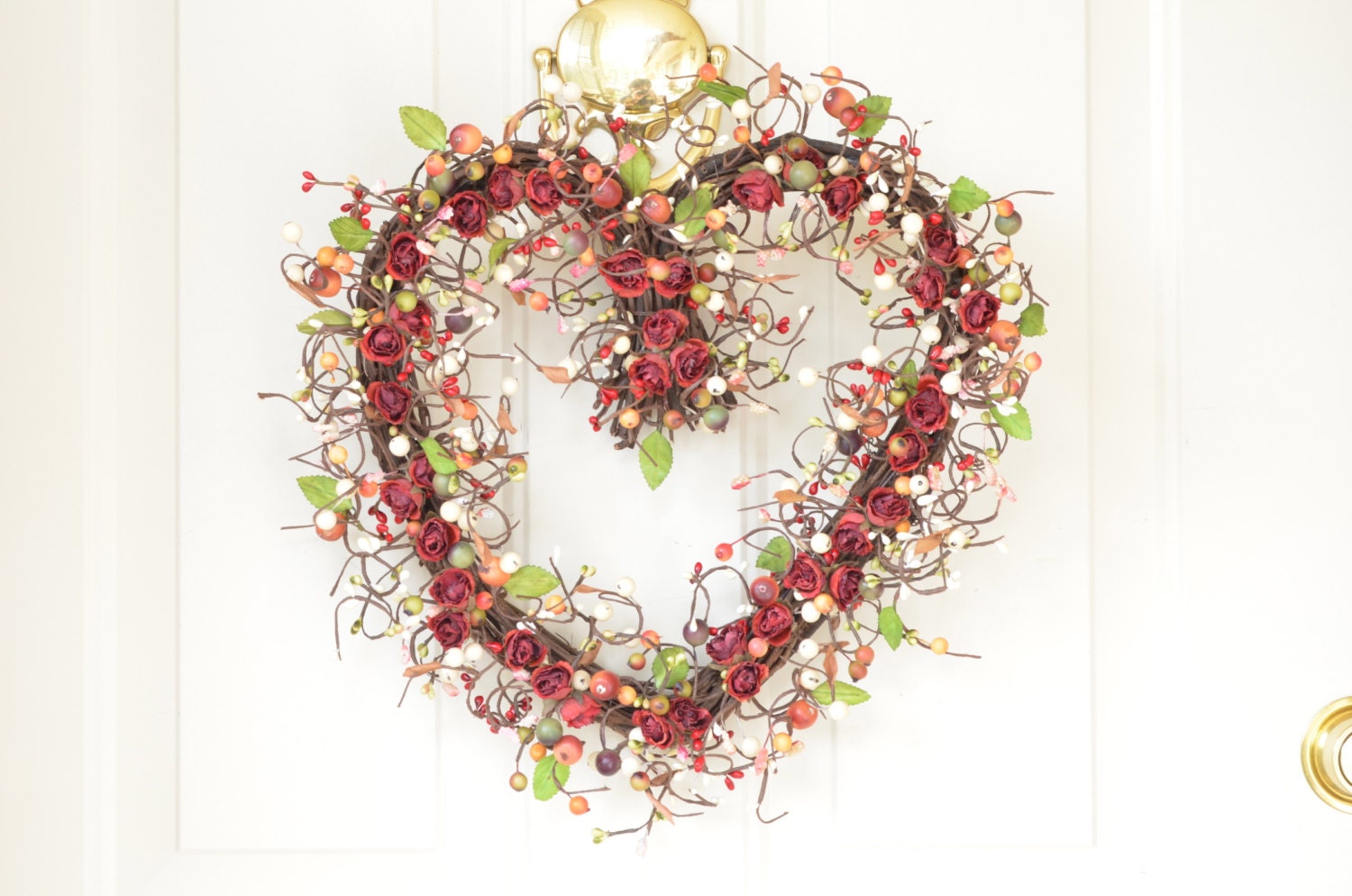 Red heart  wreath - silk  red roses - front door decor - gift for Mom
