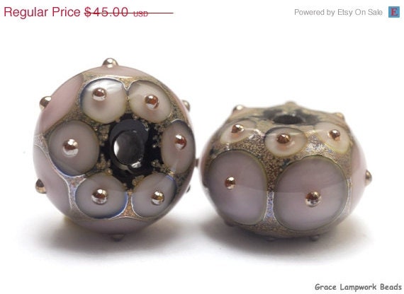 ON SALE 50% OFF Handmade Glass Lampwork Bead Sets -  Six Lavender Pink w/Metal Dots Rondelle Beads - Raised Dots Design 10602821