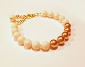 Ivory cream and pink champagne Swarovski pearl color block adjustable stackable bracelet with gold or silver chain