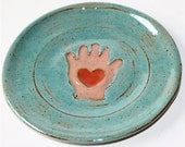 Aqua Stoneware Plate with Heart in Hand Motif