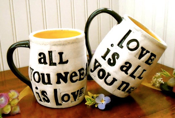 Personalized Mugs - ALL You Need Is Love, 2 Cup Set - Custom Mr and Mrs Couples Eco Wedding Table Setting, Anniversary - HandMade TO ORDER