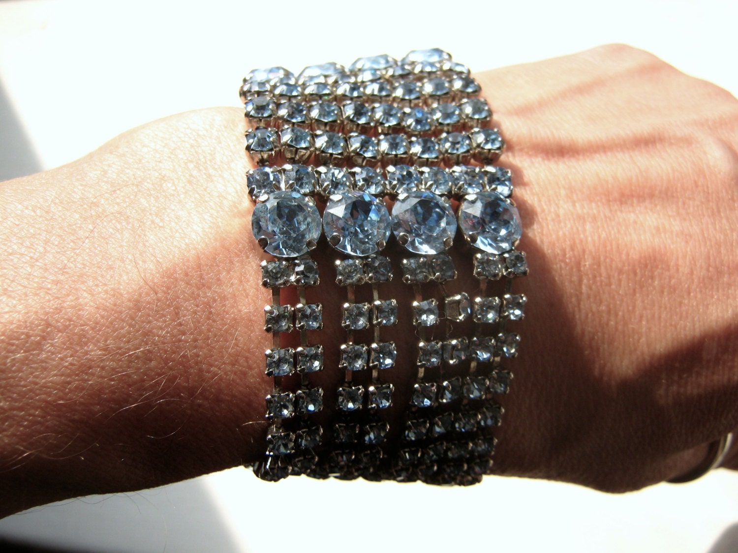 Wide Art Deco Blue Rhinestone Bracelet Downtown Abbey Flapper Style 1950's 60's vintage