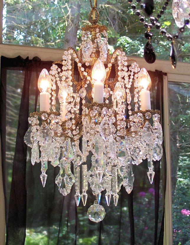 Elegant and Exquisite Bohemian Victorian Antique Crystal and Brass Petite Chandelier