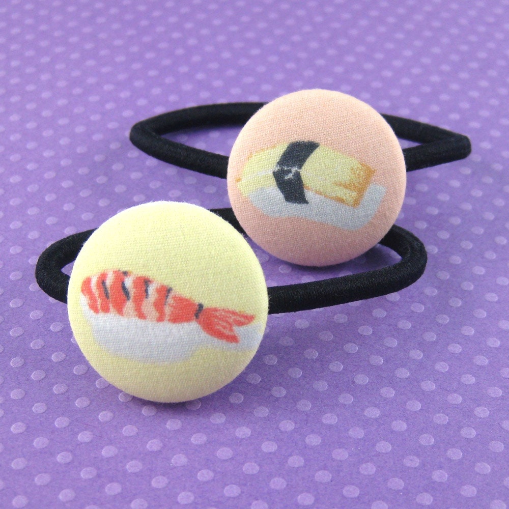 Sushi Ponytail Holders - Sushi Fabric Covered Buttons - Sushi Hair Accessories