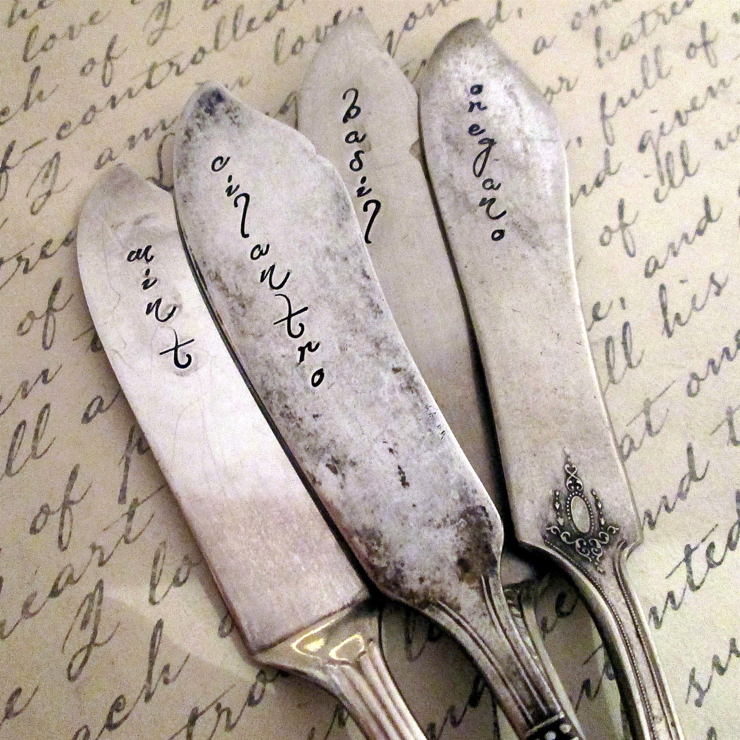 Herb Stakes - Vintage Silverplate Spreader Garden Markers - Garden Stampings by JLynnCreations - Plant Markers