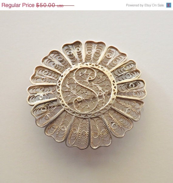 Memorial Day Sale Vintage S monogram pin or brooch silver cannetille filigree