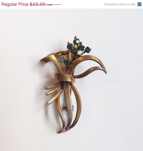 Memorial Day Sale Vintage Swiss Made floral spray rhinestone brooch or pin gold tone emerald green