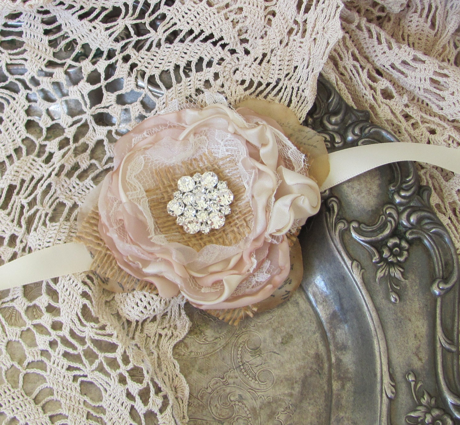 Wedding Wrist Corsage Burlap With Rhinestones  Made to order