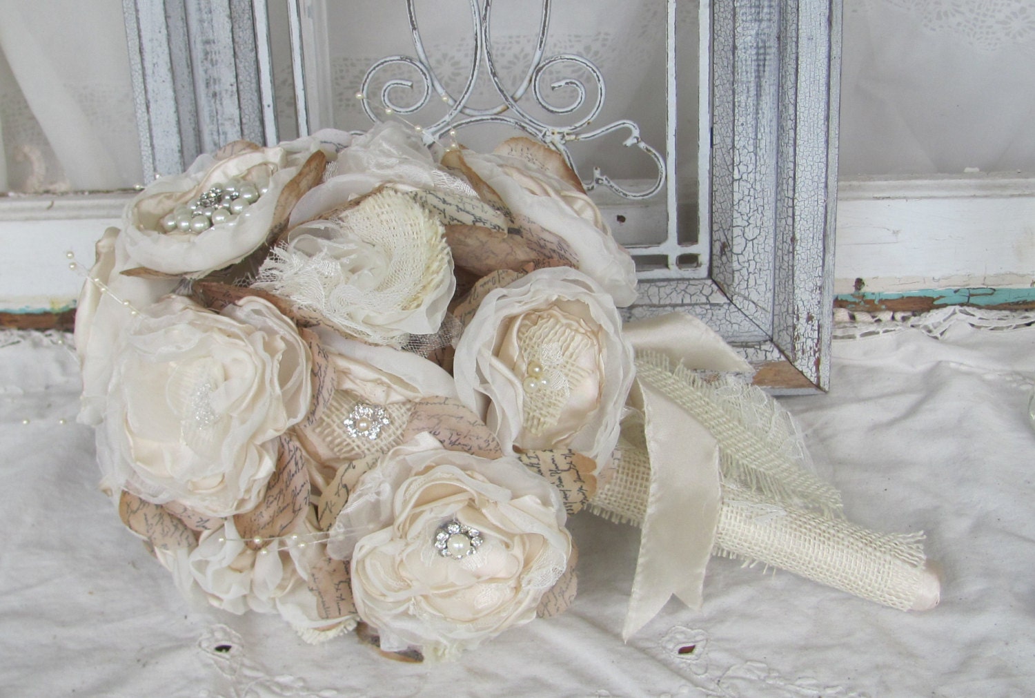 Burlap Wedding Bouquet with Rhinestones and Pearls  Vintage Inspired  Ivory and Beige Custom Order any color