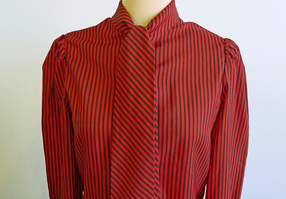 Women's Red & Black Striped Secretary Necktie Blouse