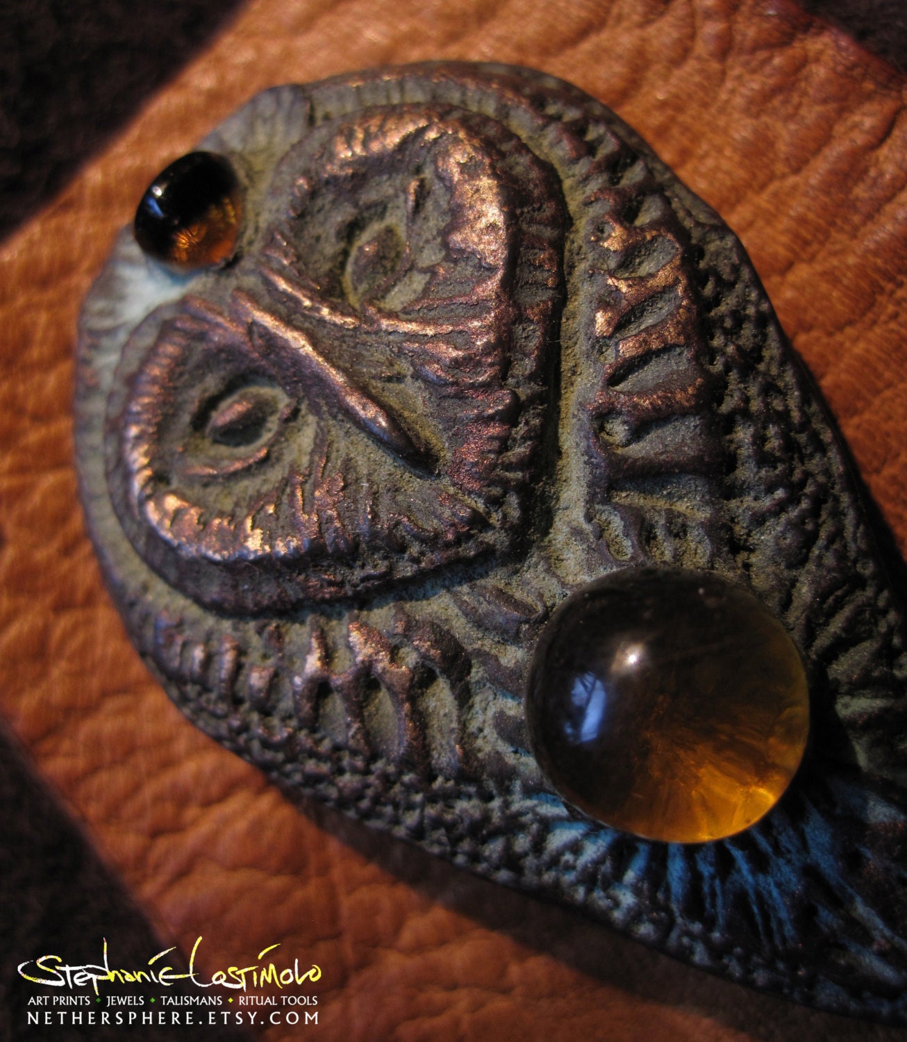 Amber Owl - Barn Owl Talisman Necklace with Baltic Amber Citrine Leather Copper