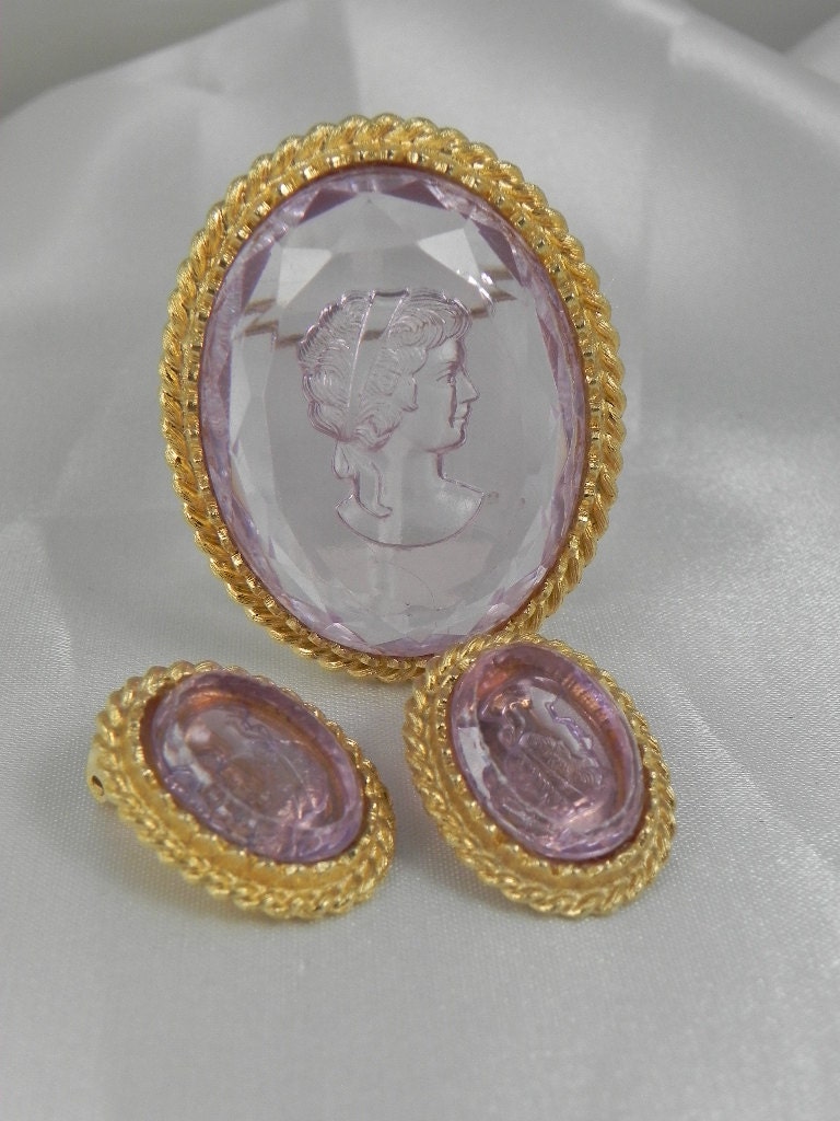 Lavender Glass Intaglio Cameo Brooch with Matching Earrings