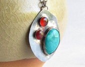 Turquoise and Carnelian Necklace - Pendant Necklace - Sterling Silver