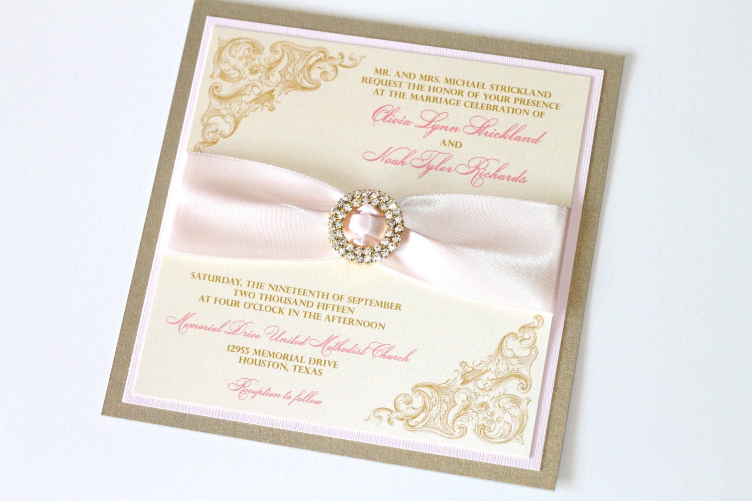 Olivia Couture Crystal Buckle Wedding Invitation Sample - Blush Pink, Ivory and Gold Leaf