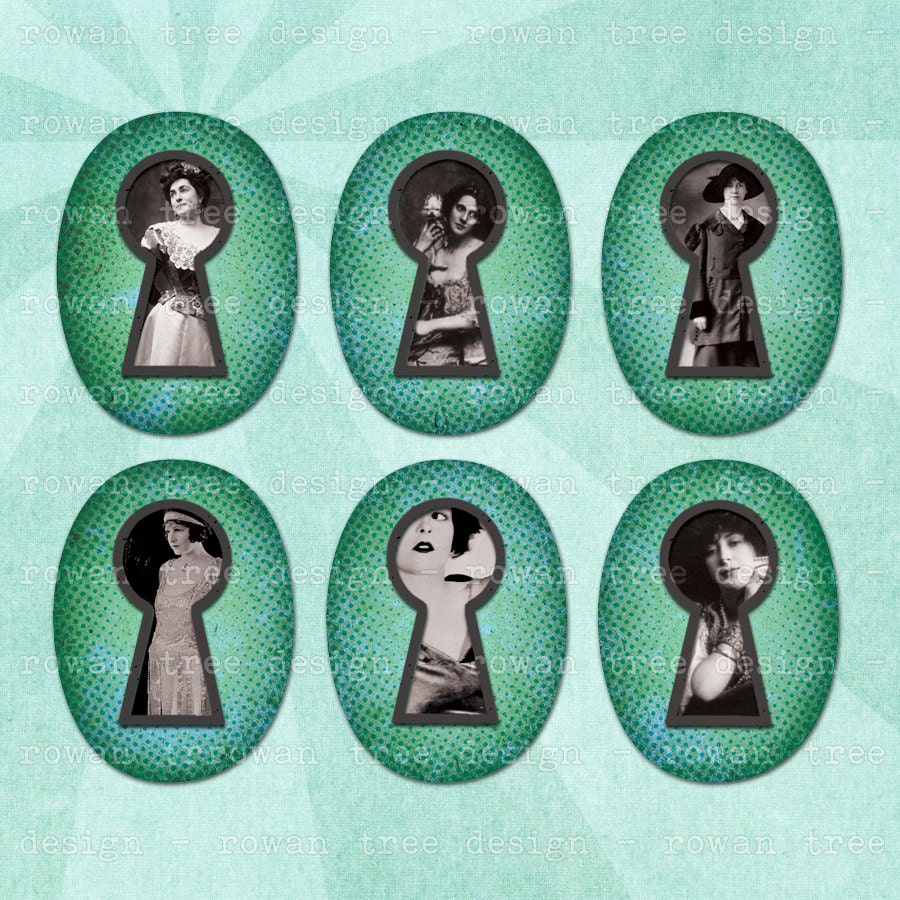 Digital Collage Sheet THROUGH THE KEYHOLE 30x40mm Ovals Vintage Ladies - no. 0210