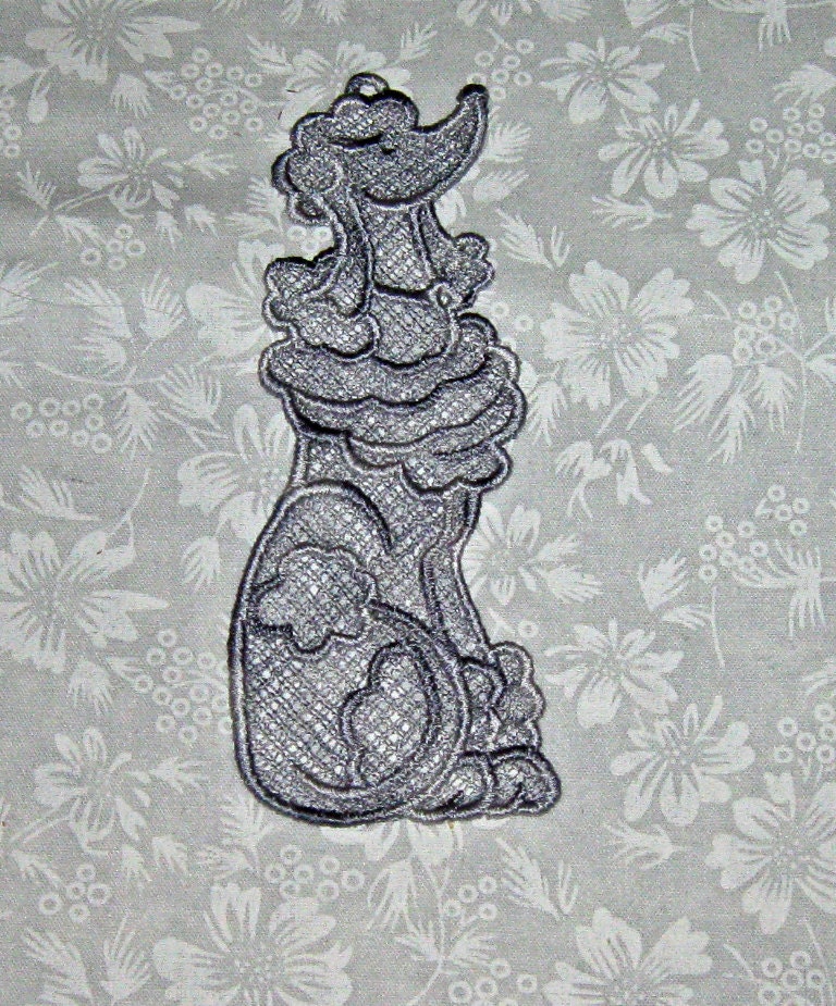 Lace Shaded shades of grey Poodle Bookmark or applique Machine Embroidered