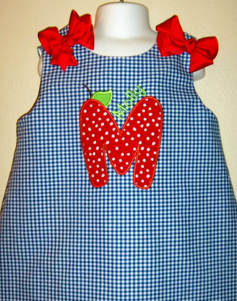 Custom made boutique appliqued monogrammed embroidered Strawberry letter a line dress jumper or jon jon shortalls