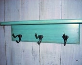 Jade Green Wall Shelf with Vintage Hooks