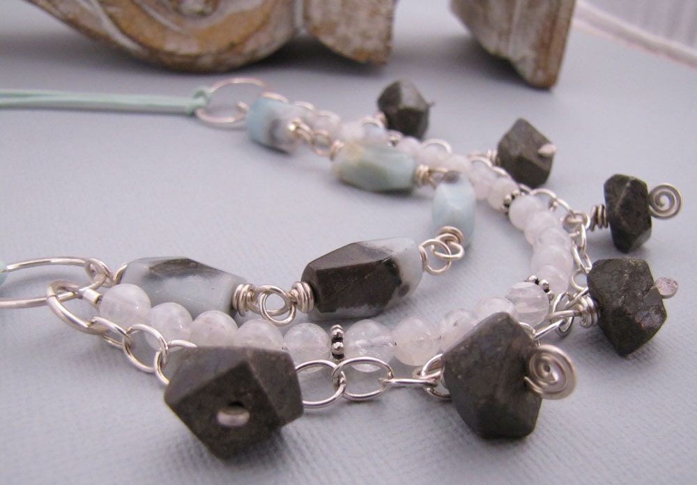 Multistrand Necklace. Artisan Sterling Gemstone Necklace. Leather Pyrite Moonstone Amazonite