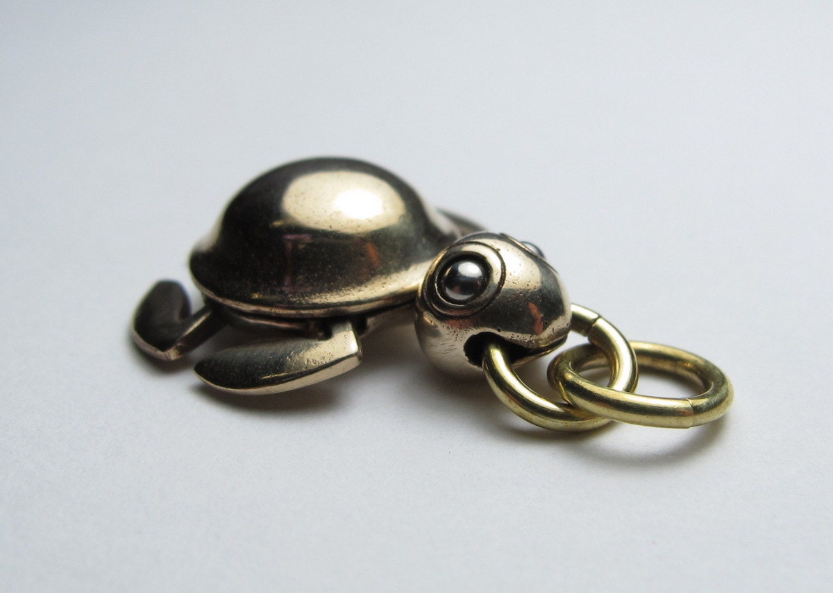 TURTLE NECKLACE moving arms and legs solid bronze with long brass ball chain
