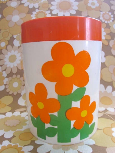 Vintage French Orange Flower 1970s Kitchen Container