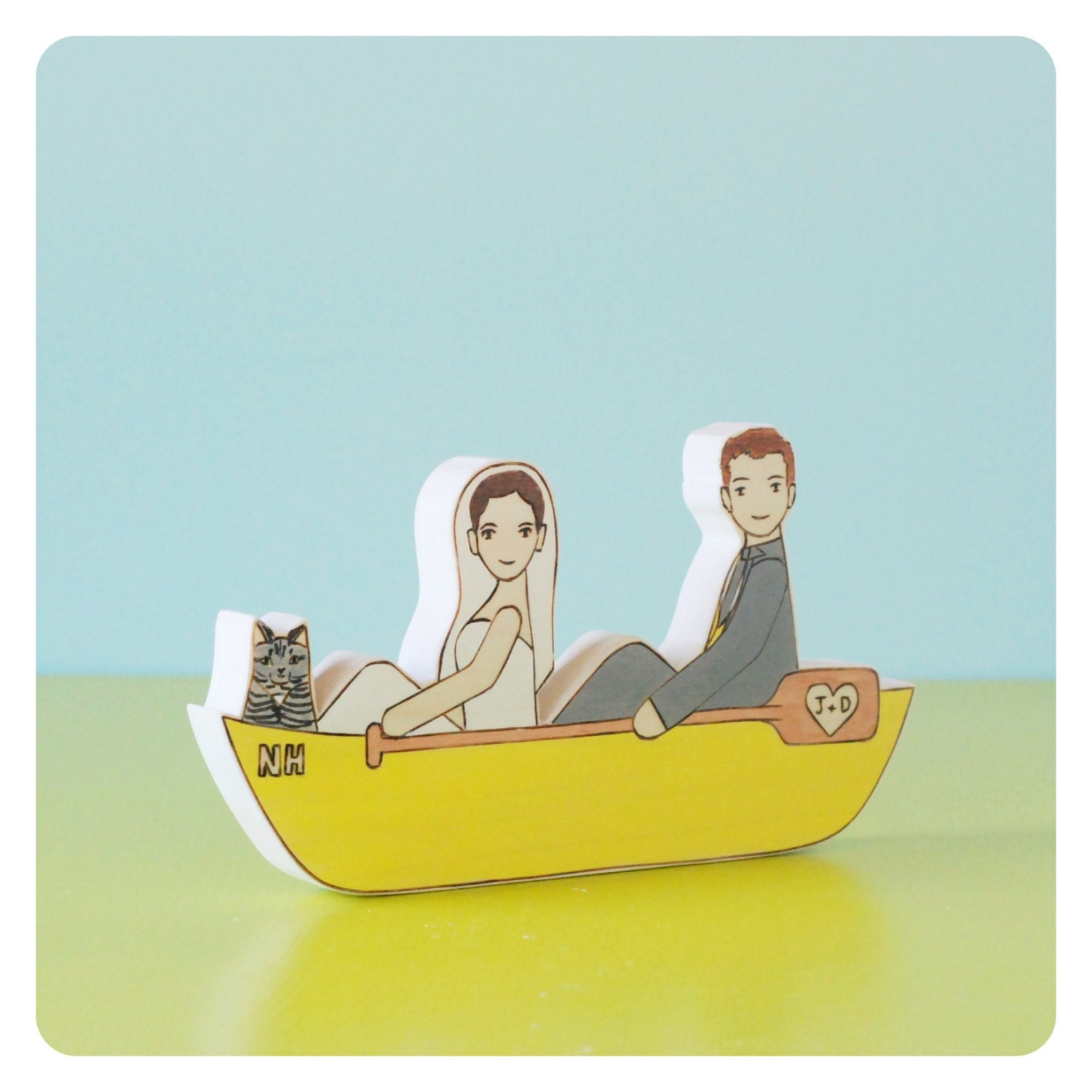 Custom Wedding Cake Topper Couple in  Canoe or Kayak with One Pet