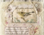Original Bird Art Bird Collage Vintage Bird Mixed Media Fabric Collage Shabby White Vintage Style Decor Yellow Cottage Chic