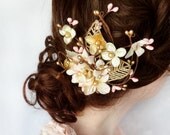 gold hair flower, pink hair accessory, bridal hair accessories - CHERUBIM - bridal headpiece, gold flower girl