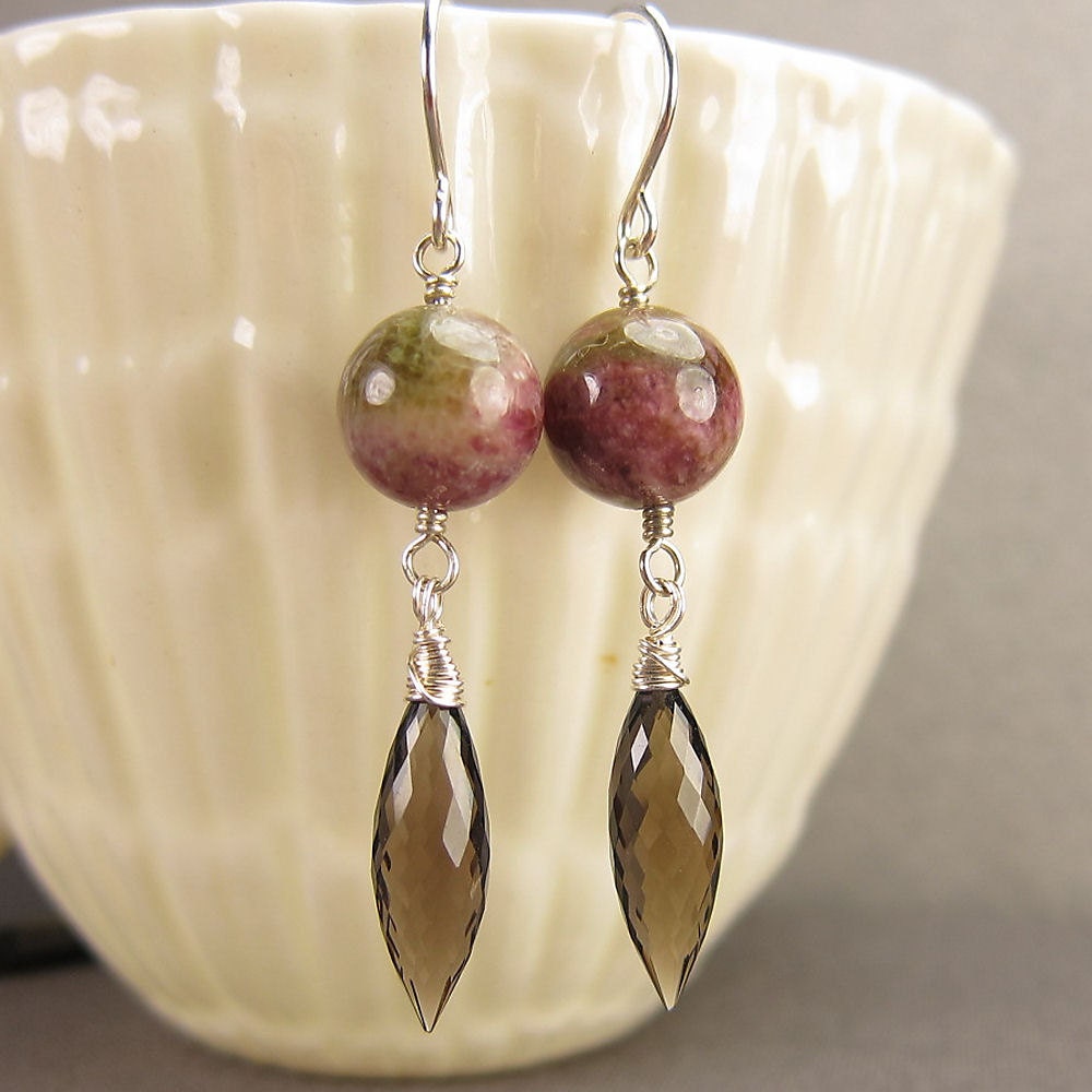 Pink Tourmaline Smoky Quartz Silver Earrings - (AZIZI 636)