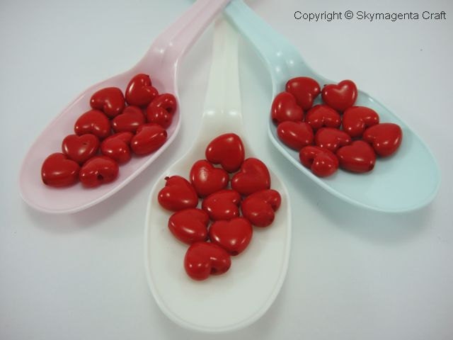 50 pieces Heart Acrylic Beads, Red Color, 10 mm x 11 mm (01081)
